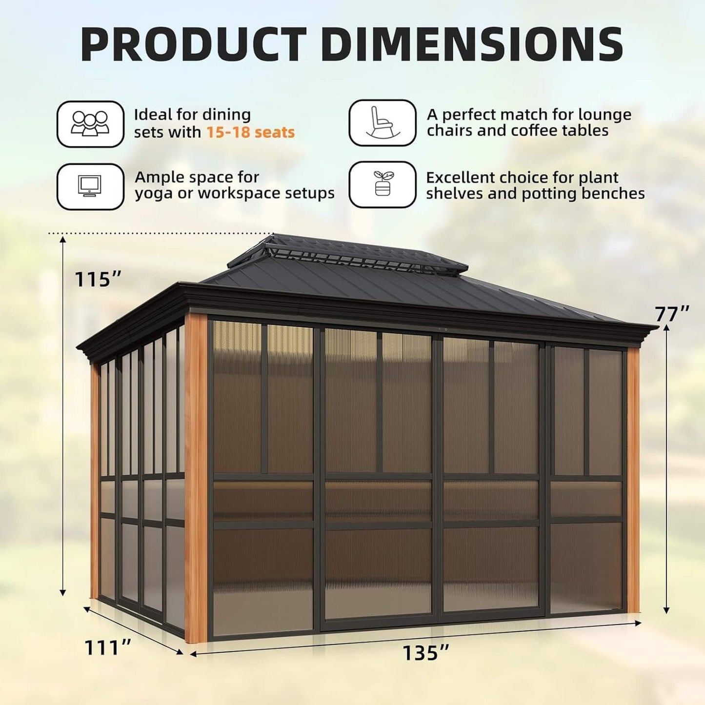 Alora Solstice Premium All-Season Outdoor Wood Grain Sunroom With Sliding Doors And Double Top Roof