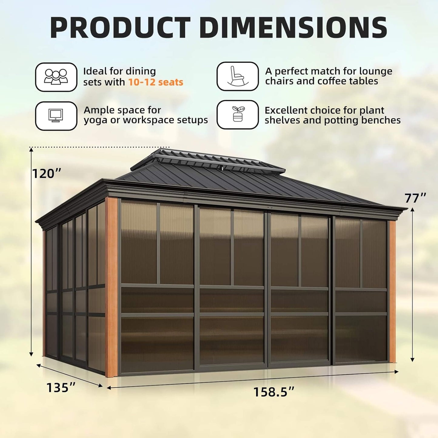Alora Solstice Premium All-Season Outdoor Wood Grain Sunroom With Sliding Doors And Double Top Roof