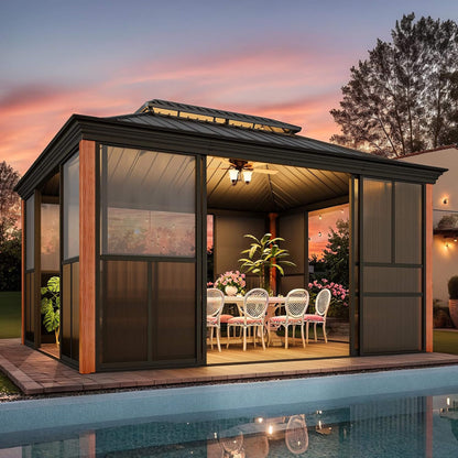 Alora Solstice Premium All-Season Outdoor Wood Grain Sunroom With Sliding Doors And Double Top Roof