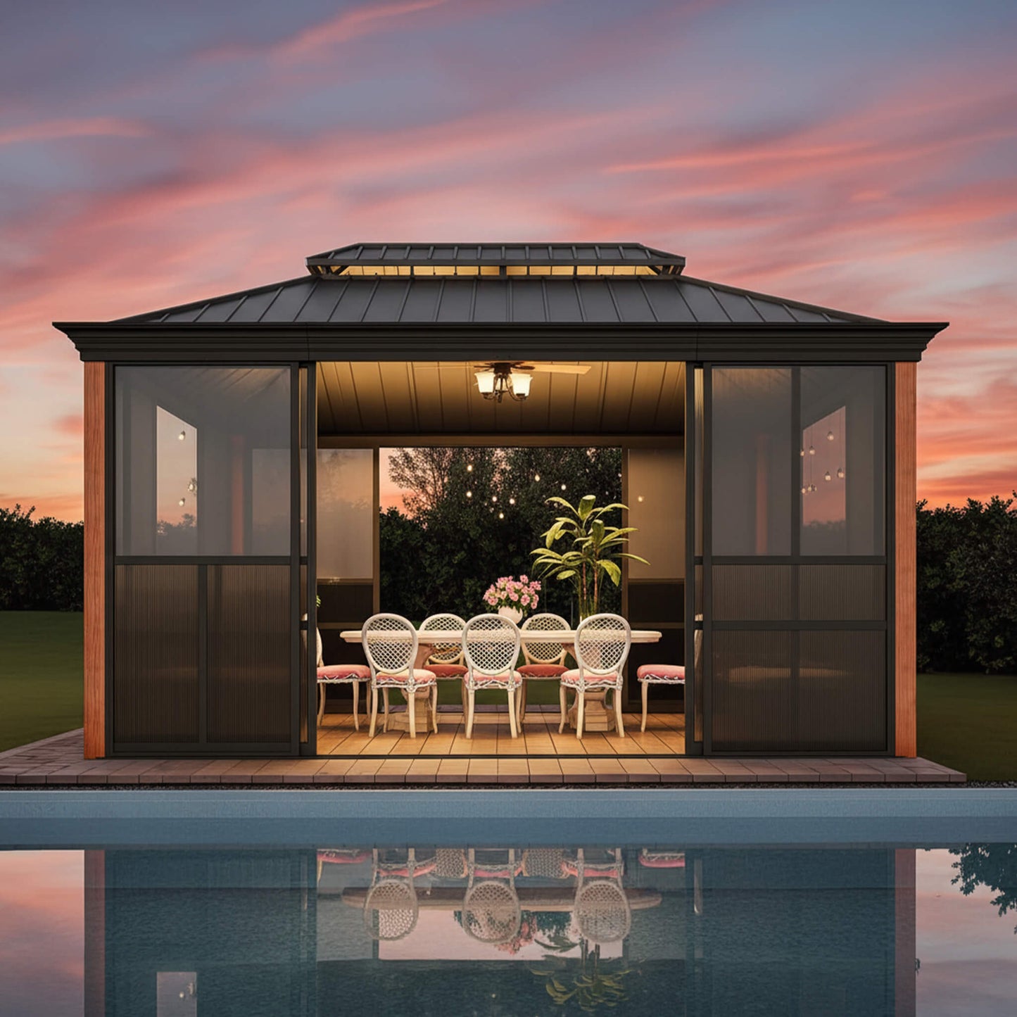 Alora Solstice Premium All-Season Outdoor Wood Grain Sunroom With Sliding Doors And Double Top Roof