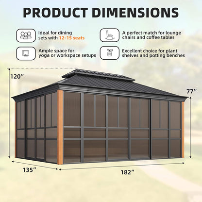 Alora Solstice Premium All-Season Outdoor Wood Grain Sunroom With Sliding Doors And Double Top Roof