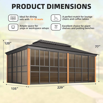 Alora Solstice Premium All-Season Outdoor Wood Grain Sunroom With Sliding Doors And Double Top Roof