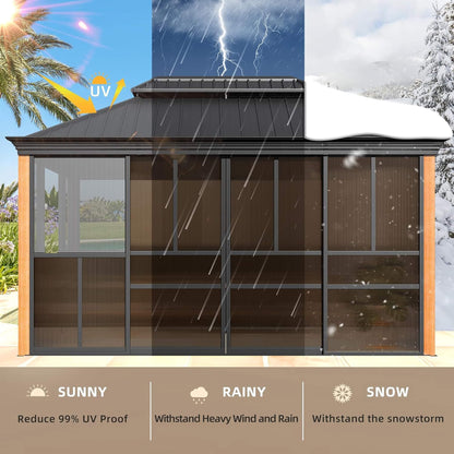 Alora Solstice Premium All-Season Outdoor Wood Grain Sunroom With Sliding Doors And Double Top Roof