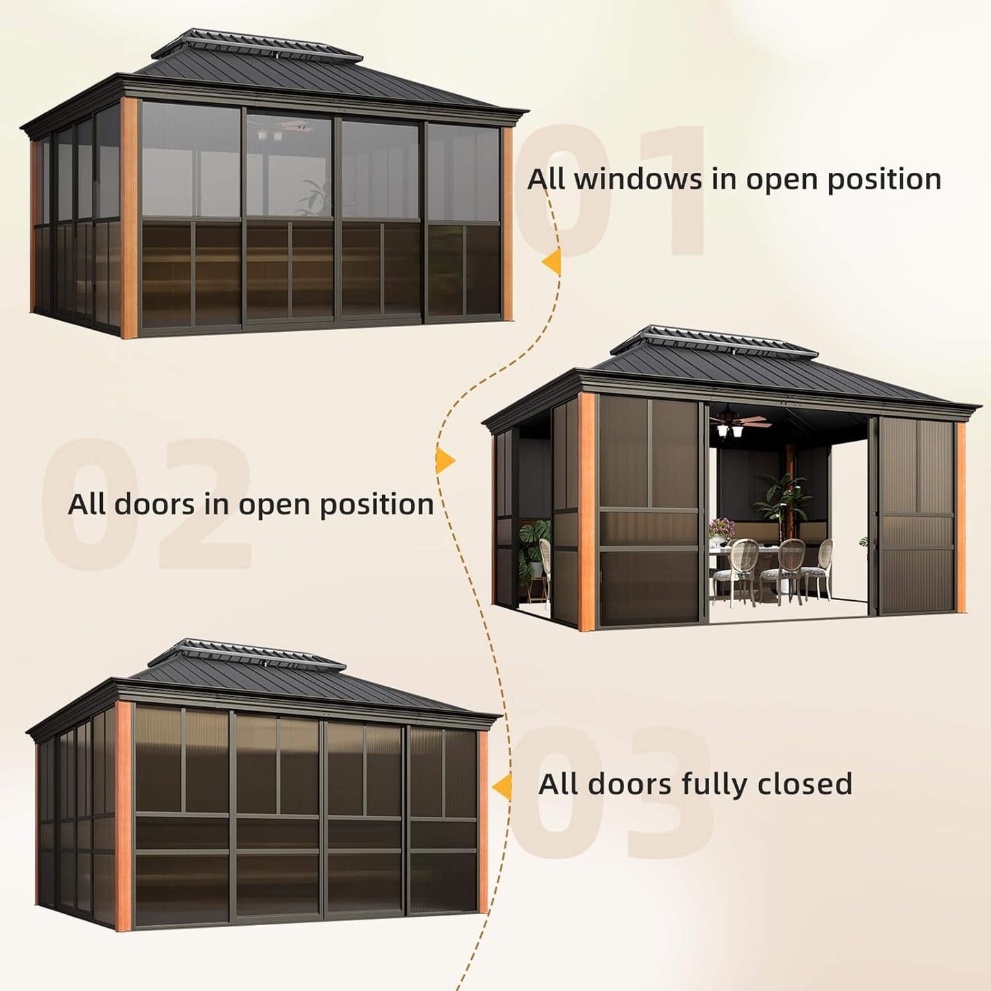 Alora Solstice Premium All-Season Outdoor Wood Grain Sunroom With Sliding Doors And Double Top Roof