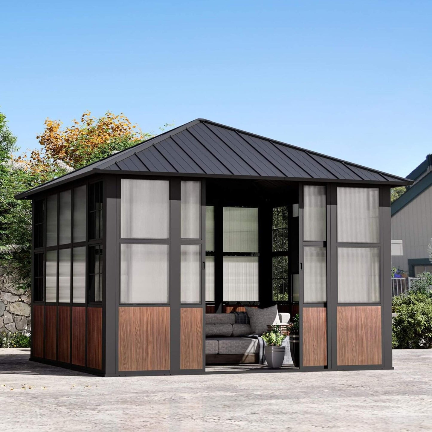 Alora Grandview Premium Hardtop Aluminum Sunroom Solarium With TV Mount And Sliding Doors