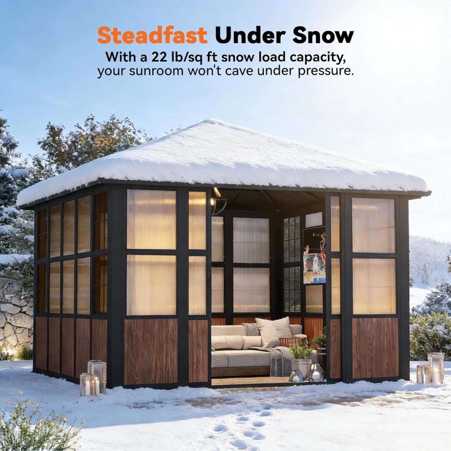 Alora Grandview Premium Hardtop Aluminum Sunroom Solarium With TV Mount And Sliding Doors