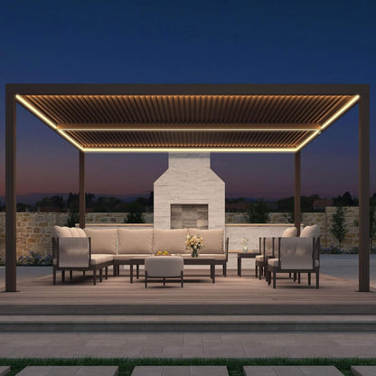 Outdoor patio with pergola, furniture, and fireplace at dusk.