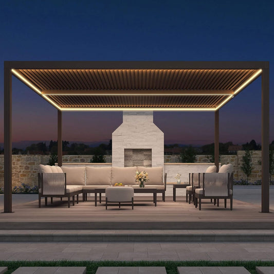 Outdoor patio with pergola, furniture, and fireplace at dusk.